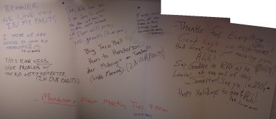 RA whiteboard showing a bunch of different messages, all with '(in our pants)' appended