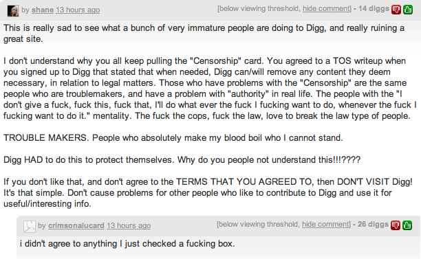 crimsonalucard on Digg commenting 'i didn't agree to anything I just checked a fucking box'
