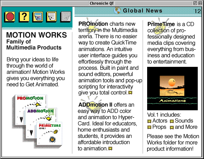 page 12 of the Apple Chronicle, showing the advertisement "MOOTION WORKS Family of Multimedia Products"