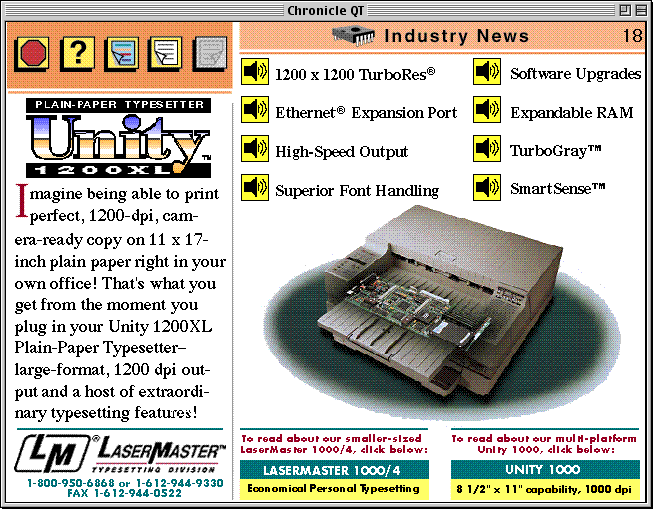 page 18 of the Apple Chronicle, showing an advertisement for the LaserMaster Unity 1200XL printer