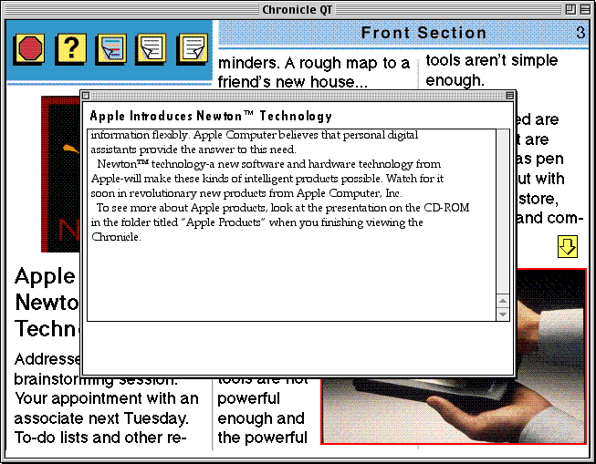 the rest of the text of the "Apple Introduces Newton™ Technology" article, displayed in a popup window
