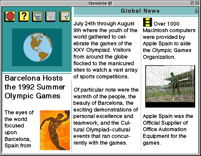 page 5 of the Apple Chronicle, the front page of the Global News section, showing the article "Barcelona Hosts the 1992 Summer Olympic Games"