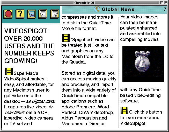 page 7 of the Apple Chronicle, showing the advertisement article "VIDEOSPIGOT: OVER 20,000 USERS AND THE NUMBER KEEPS GROWING!"