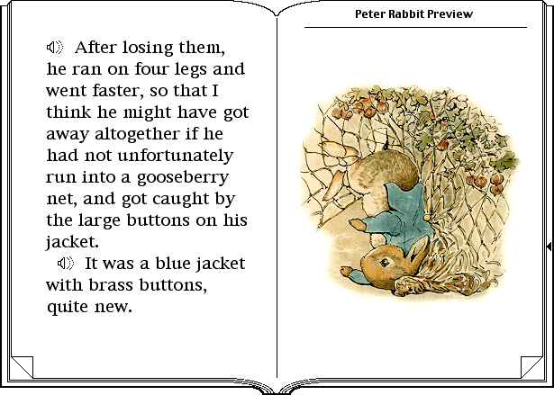 two pages from the Peter Rabbit Preview from Discis Books, showing two sentences and an accompanying illustration