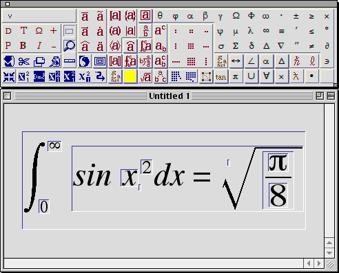 an example equation entered in Expressionist: the integral from zero to infinity of the sine of x squared is equal to the square root of pi divided by eight