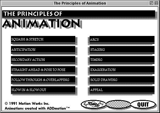 main menu from The Principles of Animation, listing the techniques covered: squash & stretch, anticipation, secondary action, straight ahead & pose to pose, follow through & overlapping, slow in & slow out, arcs, staging, timing, exaggeration, solid drawing, and appeal