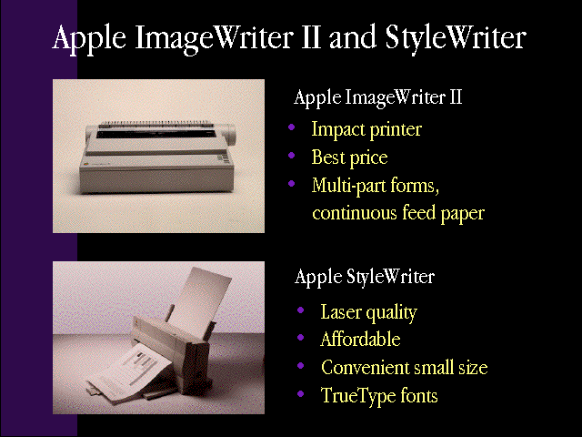 slide 33 of the "Products by Apple" presentation, describing two printers and their features, the Apple ImageWriter II (impact printer, best price, multi-part forms, and continuous feed paper) and Apple StyleWriter (laser quality, affordable, convenient small size, and TrueType fonts)