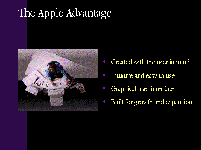 slide 5 of the "Products by Apple" presentation, describing The Apple Advantage: created with the user in mind, intuitive and easy to use, graphical user interface, and built for growth and expansion