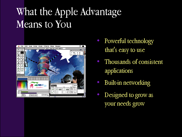 slide 9 of the "Products by Apple" presentation, describing What the Apple Advantage Means to You: powerful technology that's easy to use, thousands of consistent applications, built-in networking, and designed to grow as your needs grow
