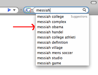Google's search suggestions for "messiah," with the third one highlighted: "messiah obama"