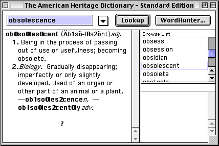 a window from The American Heritage Dictionary - Standard Edition, showing the definition of the word 'obsolescent'