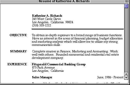 a window from ResuméWriter, showing the sample resume of 'Katherine A. Richards'