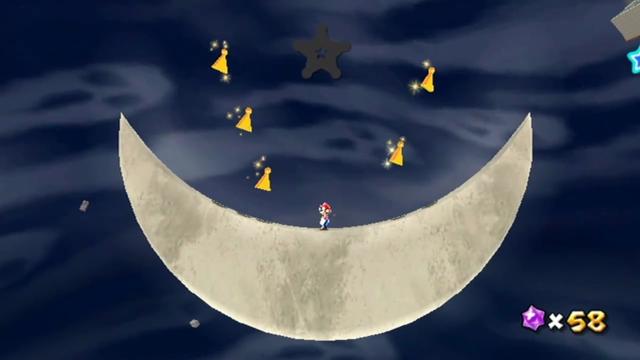 Mario on the curved inner surface of the crescent moon, which is revealed to be two-dimensional.