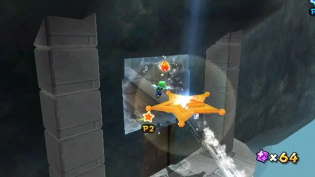 Luigi landing in the Launch Star at the end of the carved passageway.