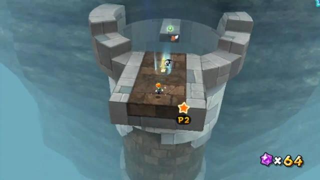 Luigi landing on a stone ledge at the top of a tower. This is the level's checkpoint.