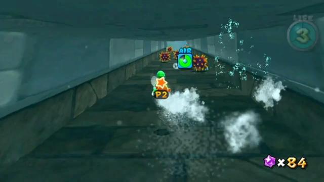 Luigi going up a stone-lined passage, with Urchins rolling downhill at him.