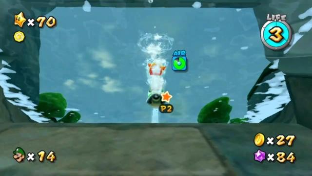 Luigi has reached the top of the passage. The camera is still underwater but has tilted down, revealing the tops of trees.