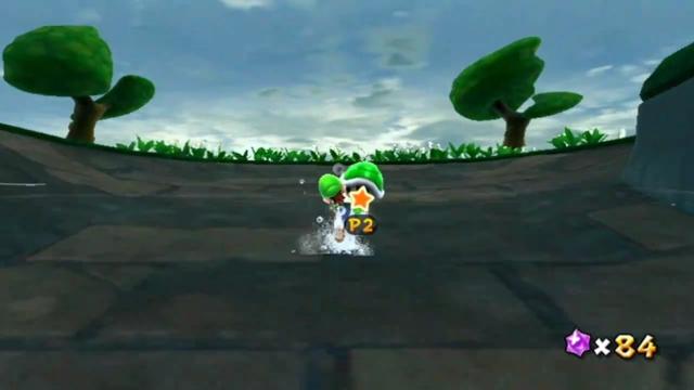Luigi out of the water and running up a slope.