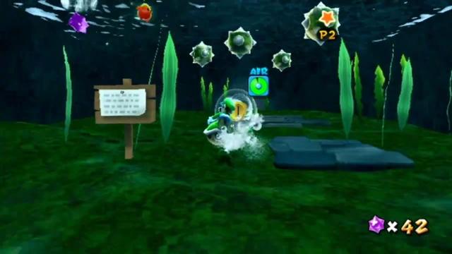 Luigi underwater with a Koopa shell.