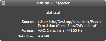 screenshot of the inspector for blah.caf, showing Format: AAC, 2 channels, 44100 Hz
