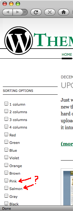 sorting options for premade themes with 'Pink' and 'Salmon' choices highlighted