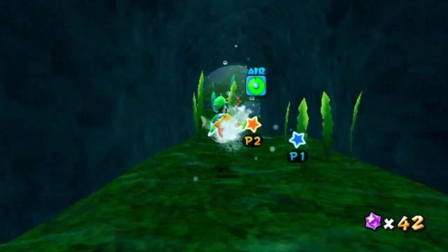 Luigi going through a narrow cave passage.