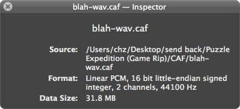 screenshot of the inspector for blah-wav.caf, showing Format: Linear PCM, 16 bit little-endian signed integer, 2 channels, 44100 Hz